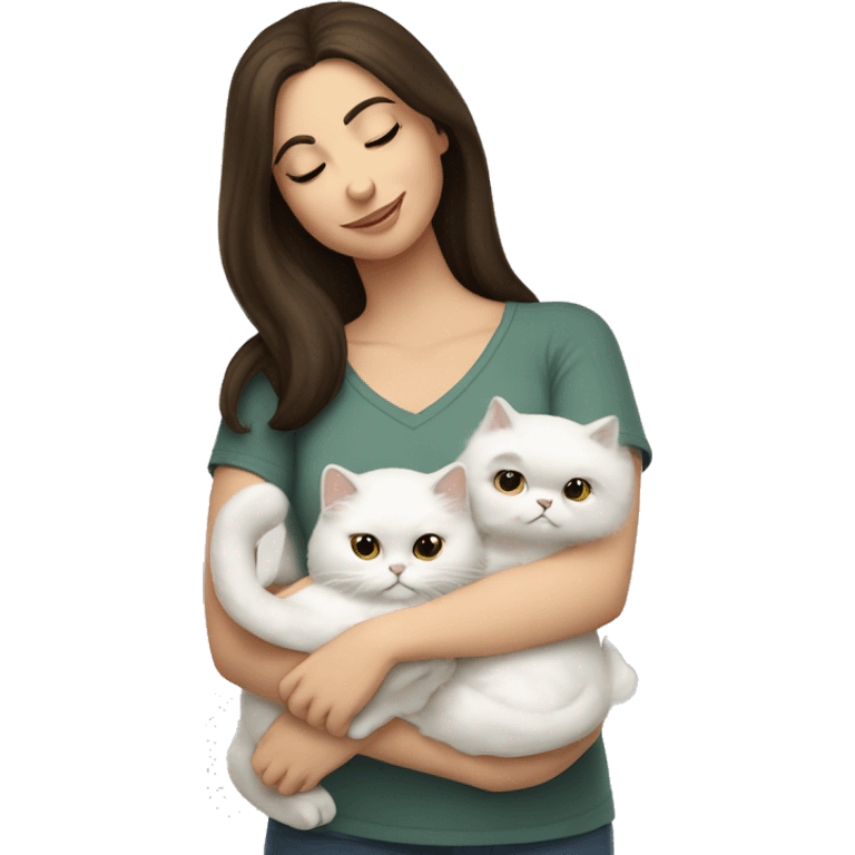 Brunette woman snuggling white Persian cat emoji