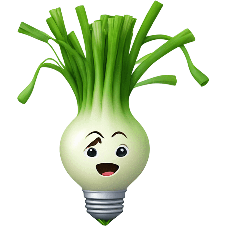 Smiling green onion with a bundle of long, thin green stalks as hair, big expressive eyes, and a cheerful cartoonish face on the white bulb section. Vibrant and playful design. emoji