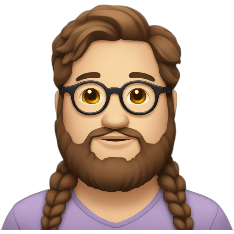 Chubby, non binary, round glasses, attached long brown hair, beard, sleepy smiling emoji