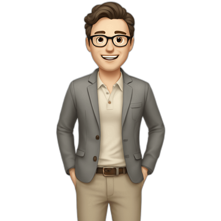 Joyful Full height Pale skinned Fit Man With dark brown hair in gray jacket, beige office shirt, Brown pants and vintage glasses. His thrumbs up emoji