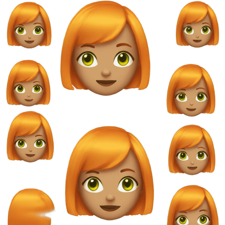 a girl with orange hair and a bob haircut, neon yellow front strands, green eyes emoji