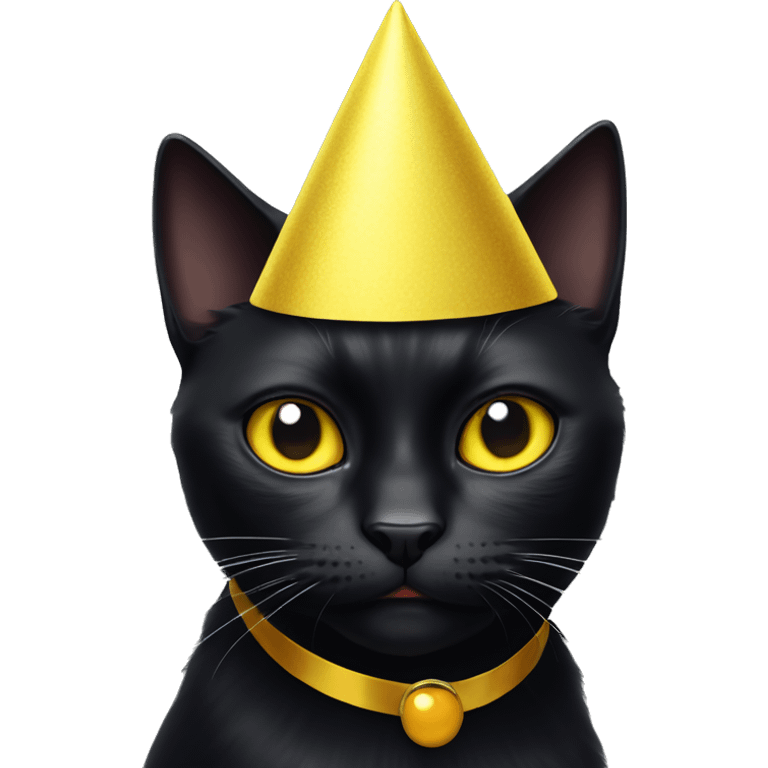 Black cat with angry yellow eyes wearing a party cap emoji