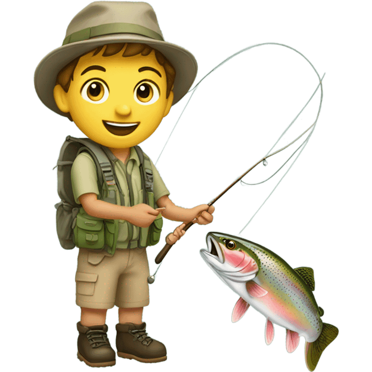 outdoor portrait of a boy fly fishing for rainbow trout emoji