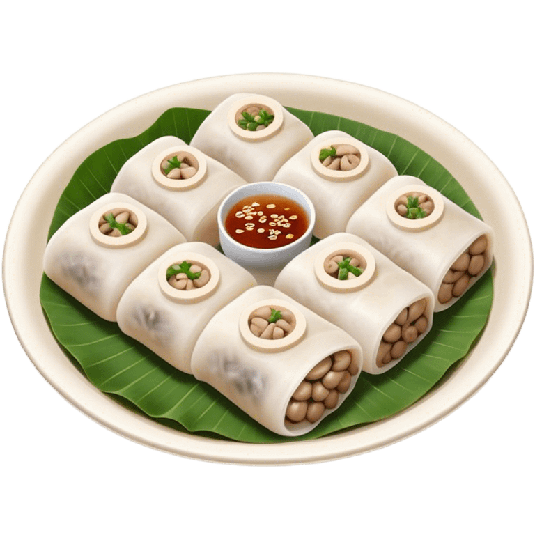 Cinematic Realistic B√°nh cu·ªën Dish Emoji, featuring steamed rice rolls filled with savory minced pork and mushrooms rendered with soft textures and inviting, warm lighting. emoji