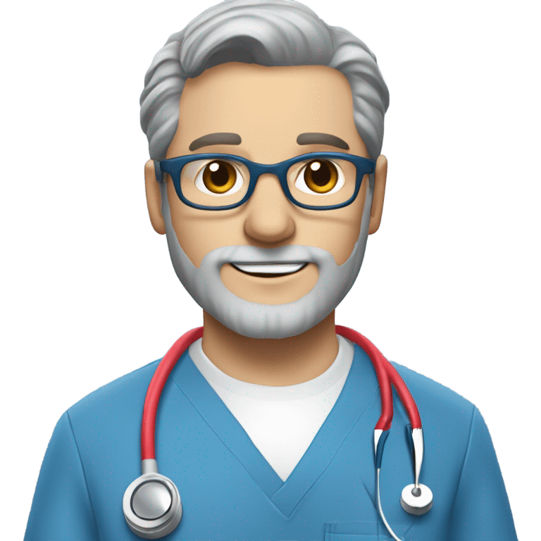 male dark blond haired doctor with grey van dyke beard with hazel eyes and small wire-rimmed glasses in blue scrubs holding a large paintbrush emoji