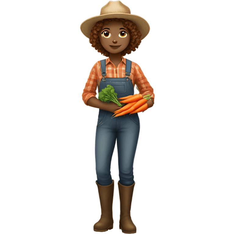 full body farmer girl standing, LIGHT skin, brown curly hair, holding carrots emoji