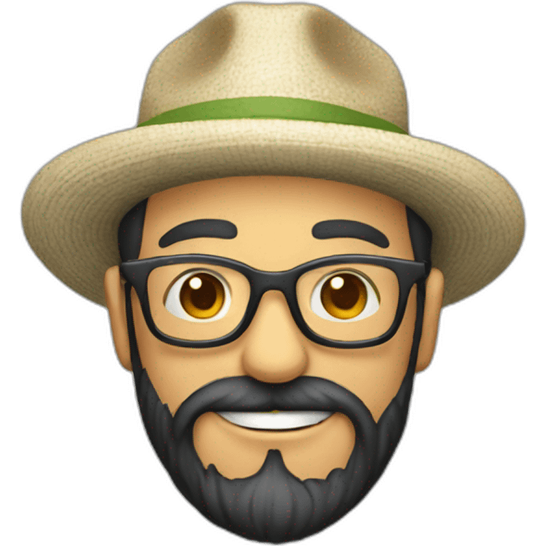 happy gardener face long dark beard and short dark hair with little transparent glasses and a hat emoji