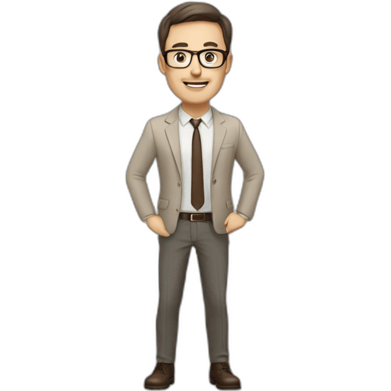 Full height Actively gesturing with hands Pale skinned fit man with dark brown hair in gray jacket, beige office shirt, brown tie, brown pants and vintage glasses. emoji