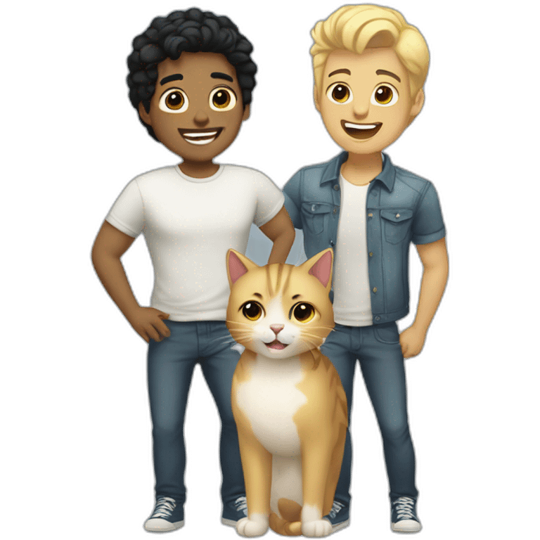 Gay couple, 1 Latino black hair, the other one Australian blonde hair with a cat in the middle laughing full body emoji