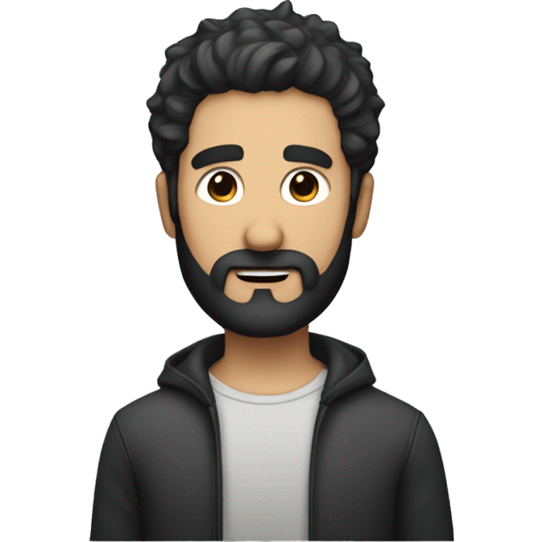 Dark short disheveled hair man with black beard wearing perfecto emoji