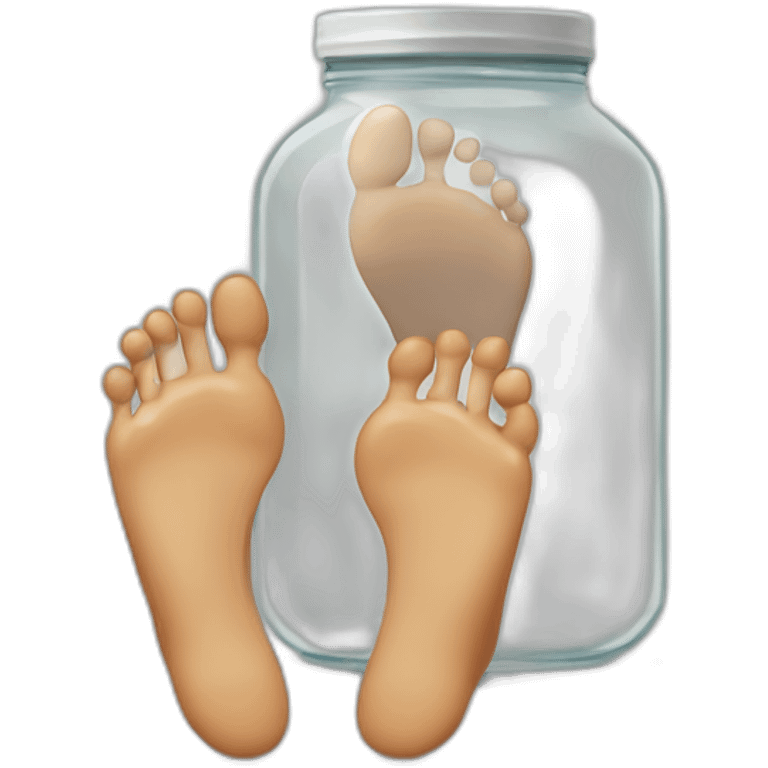 human feet standing on the floor with an empty transparent jar between them,outside,to the left and to the right,front view emoji