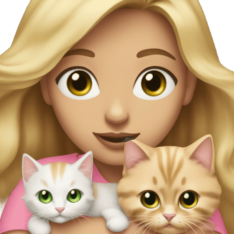 woman green eyes long wavy blonde hair and big boobs in a pink shirt is holding fluffy kitty emoji