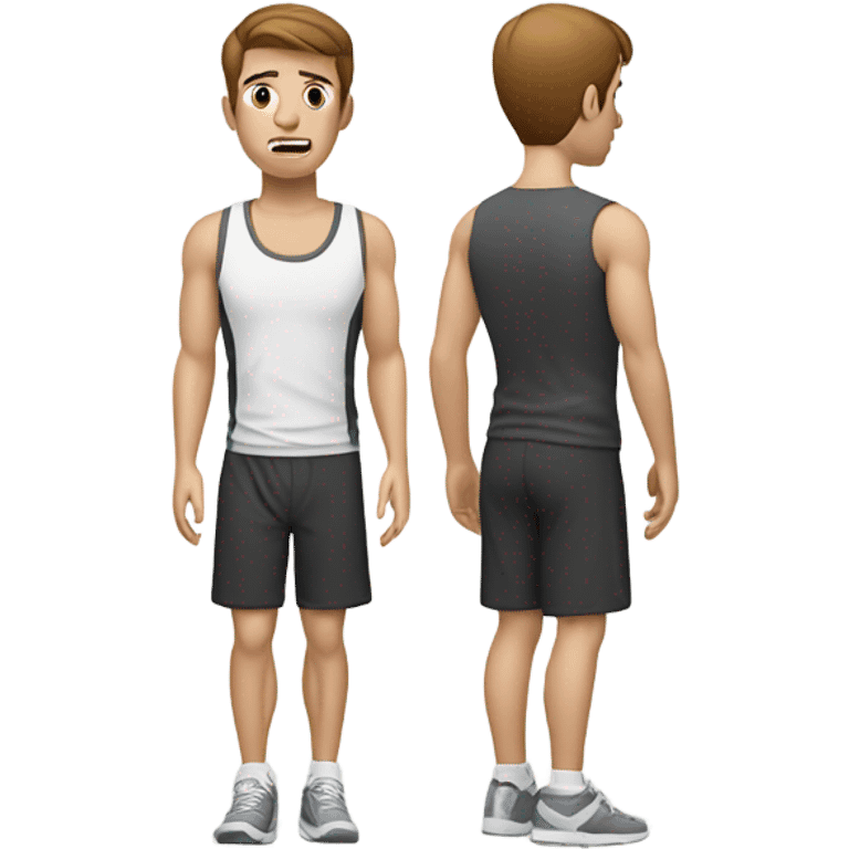 White guy brown hair holding lower back in pain. No mustache, wearing athletic clothes emoji