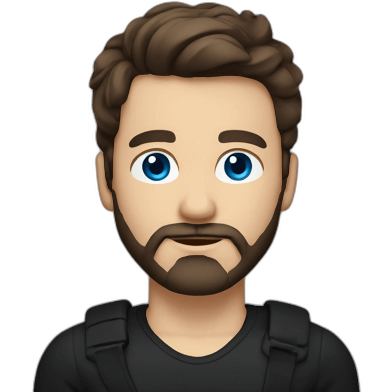 White man with a slight sun kissed tan, blue eyes and dark brown hair. He has a beard and mustache trimmed. Wears black clothing and wears his hair styled sideways backwards. emoji