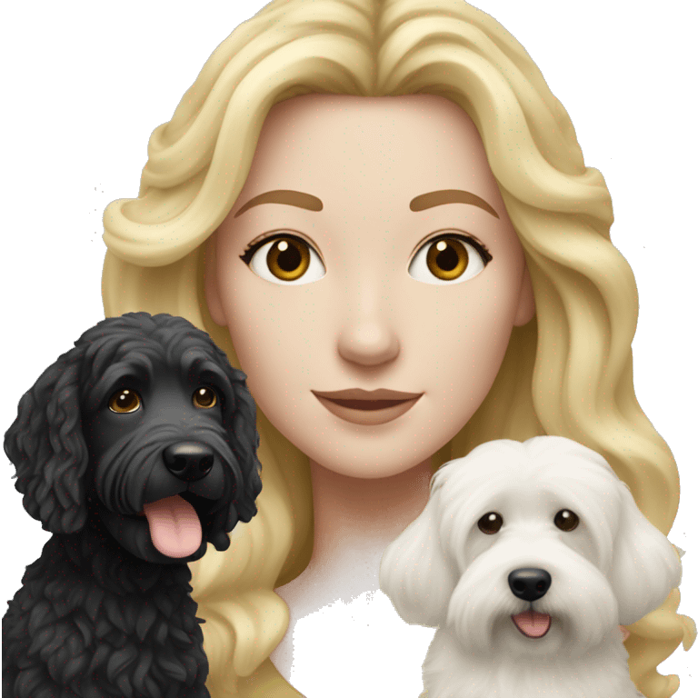 white woman with long blonde hair with a black and white bernadoodle dog  emoji