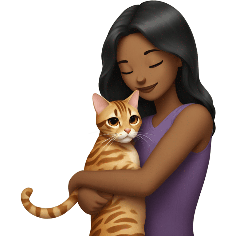 Beautiful black-haired woman hug a Bengal cat emoji