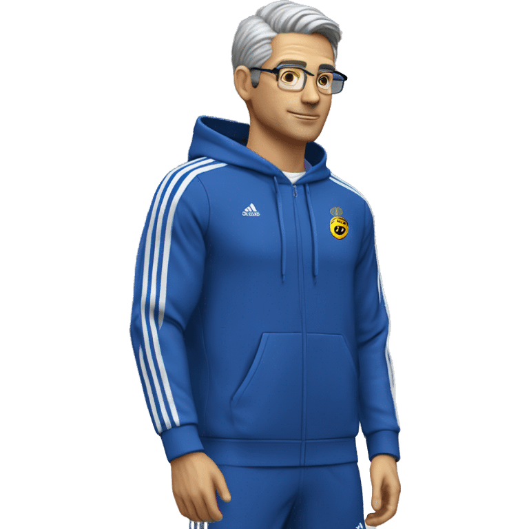 Profesor Educación Física sudadera azul adidas cronometro cabello corto moreno sin gafas emoji