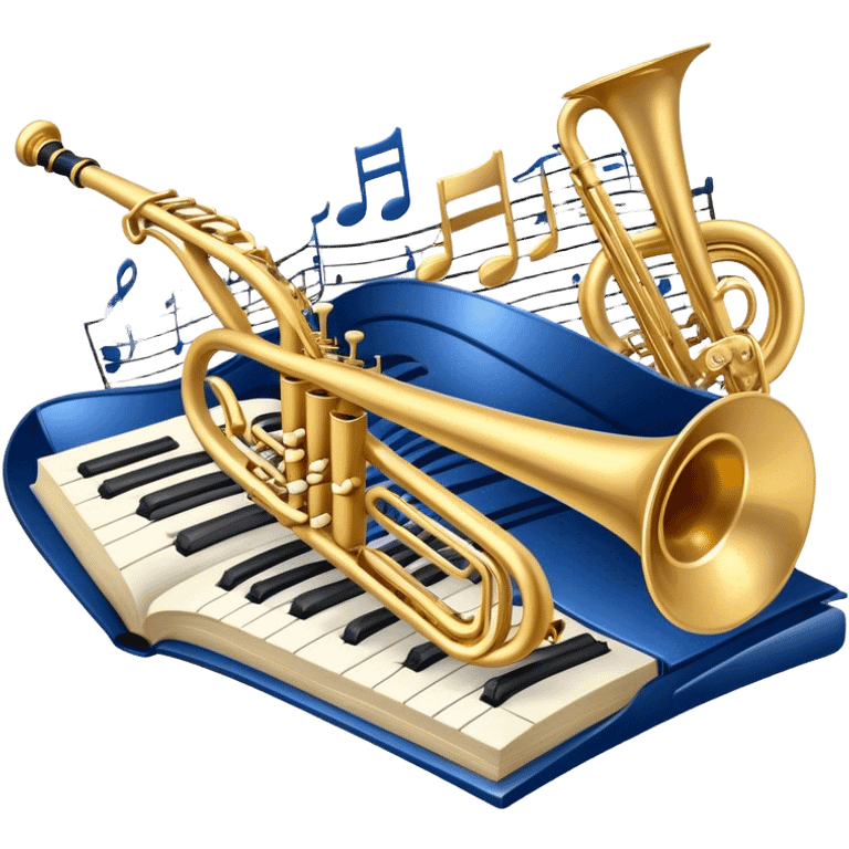 Create an elegant and refined emoji that represents orchestration and arrangement. The design should feature a musical score or sheet music with various orchestral instruments like a violin, a trumpet, and a grand piano subtly integrated into the composition. Add a conductor's baton, symbolizing the guiding hand of orchestration, and flowing musical notes that move between the instruments. Use rich, classic colors like gold, silver, and deep blue to evoke the sophistication of orchestral music. The background should be transparent, with a touch of intricate details to represent the complexity of orchestration. emoji