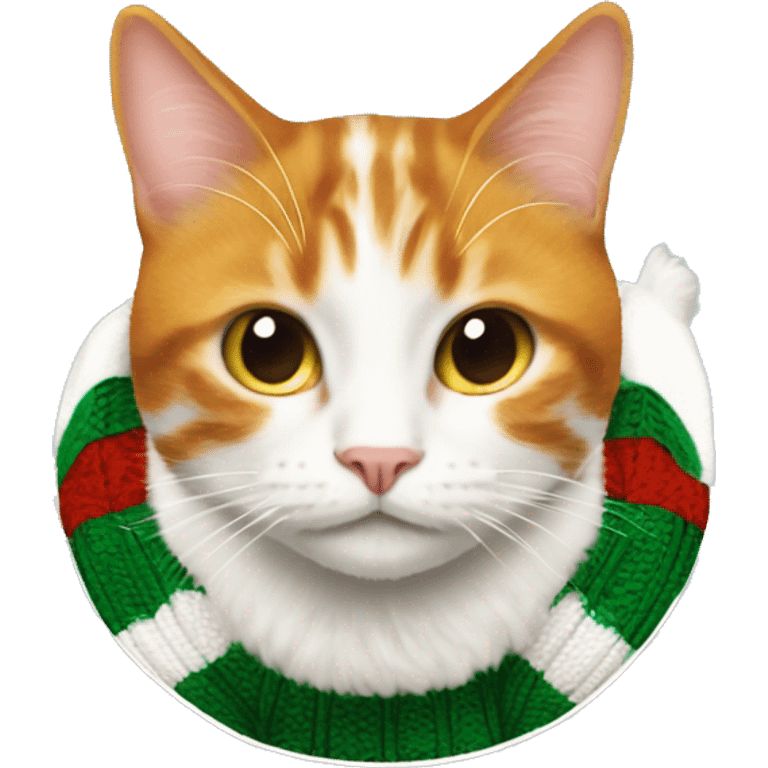 Ginger and white cate wearing a Christmas sweater emoji