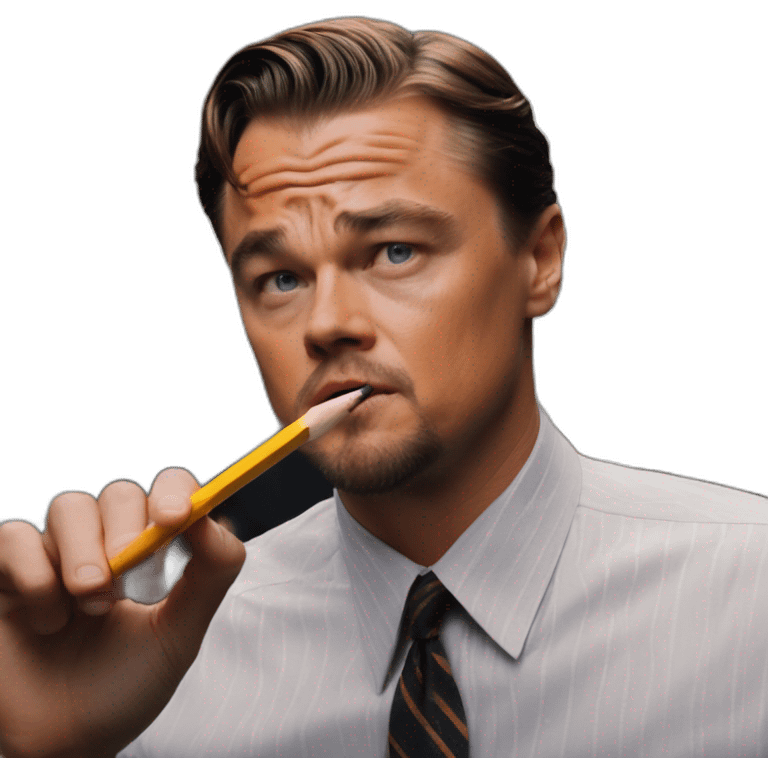 Leonardo DiCaprio holds a pencil in 'The Wolf of Wall Street' during the 'Sell Me This Pen emoji