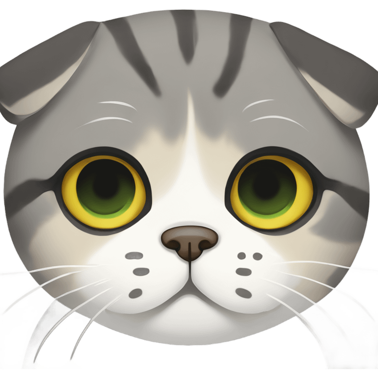 a Scottish Fold with a tri-color coat (gray, white, and beige), large round yellow-green eyes, a serious expression, and folded ears.  emoji