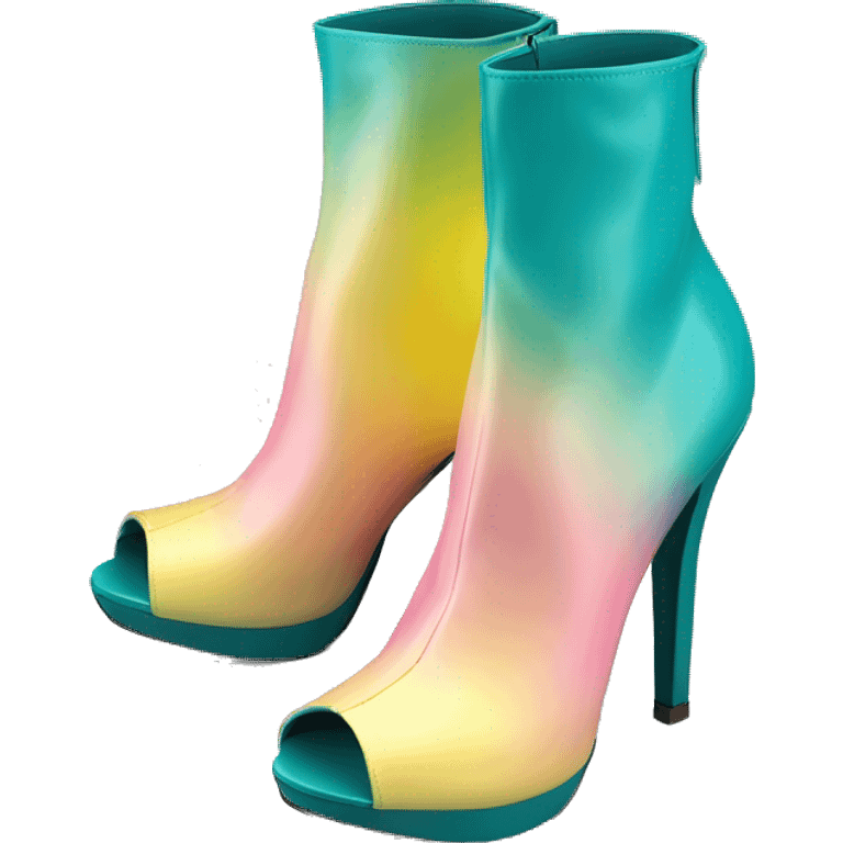 Realistic isolated top view of a pair of dark turquoise paste yellow and light pink ombre peep toe high heel ankle bootie boots.  emoji