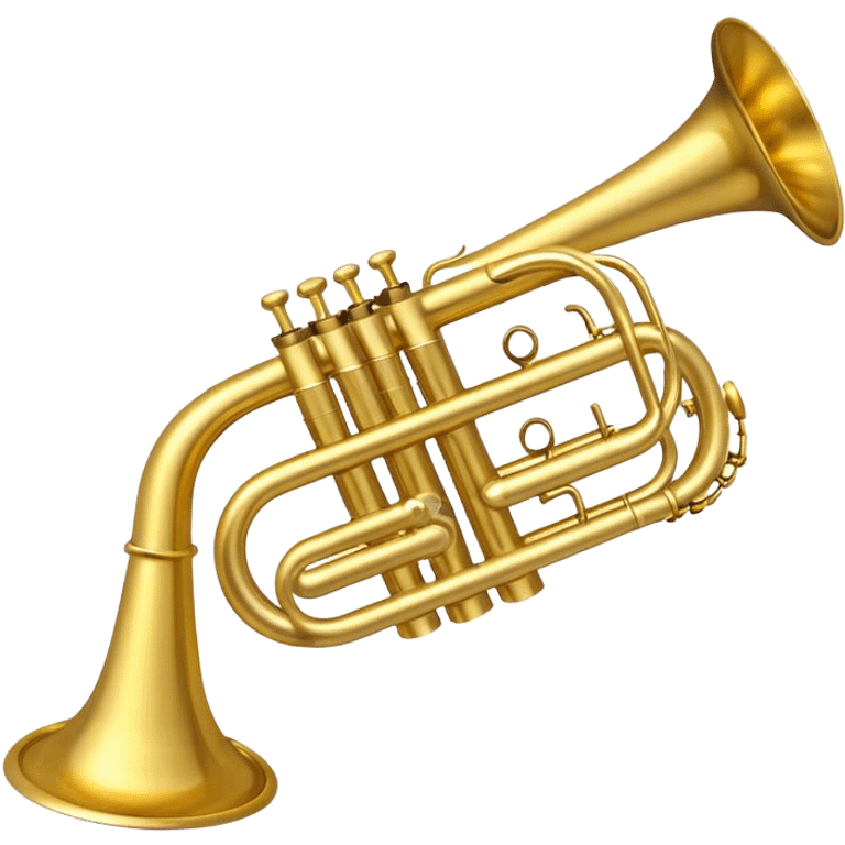 Create a sleek and polished emoji representing the Brahner trumpet. The design should feature the shiny brass body of the trumpet, with its distinct bell shape and coiled tubing. Highlight the three smooth, finger-operated valves, and the mouthpiece at the top of the instrument. The finish of the trumpet should be a rich, golden brass tone with subtle reflections, giving it a polished and professional appearance. Add musical notes or soundwaves around the bell of the trumpet to evoke its bold and brassy sound. Use golden, brass, and silver tones to emphasize the vibrant, high-quality design of the trumpet. The background should be transparent. emoji