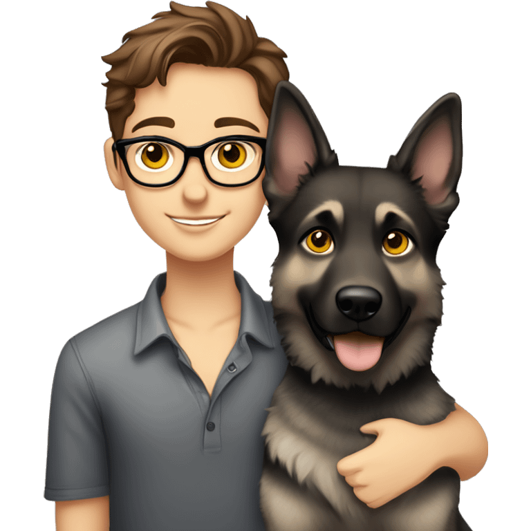 a pretty girl, sweet with brown hair and brown eyes with a handsome boy with brown hair, black thin stylish glasses and (grey eyes) hugging the grey german shepherd (yellow eyes) emoji