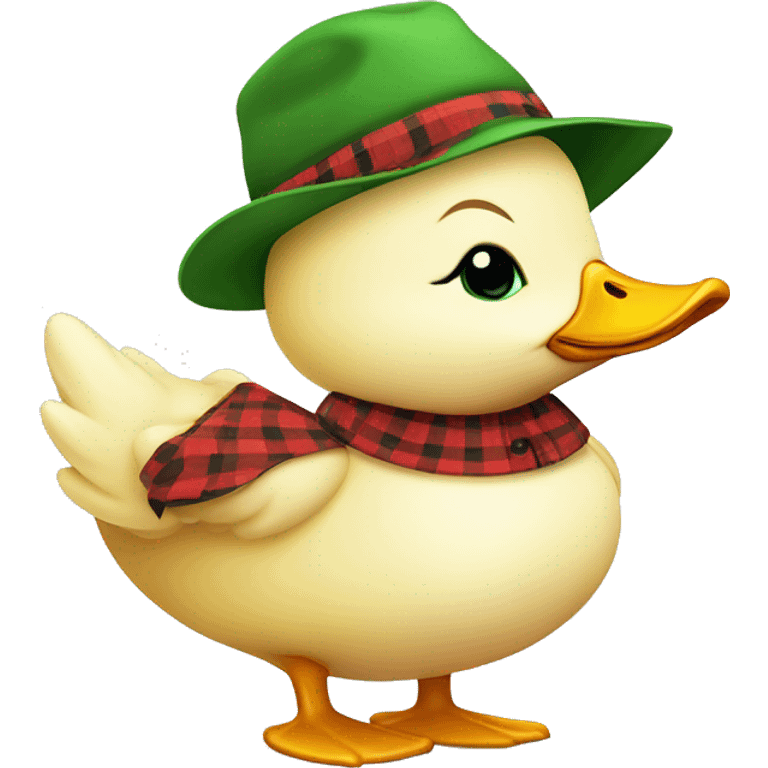 cute fluffy chubby baby farmer duck with hand and wear green hat and red checkered shirt emoji