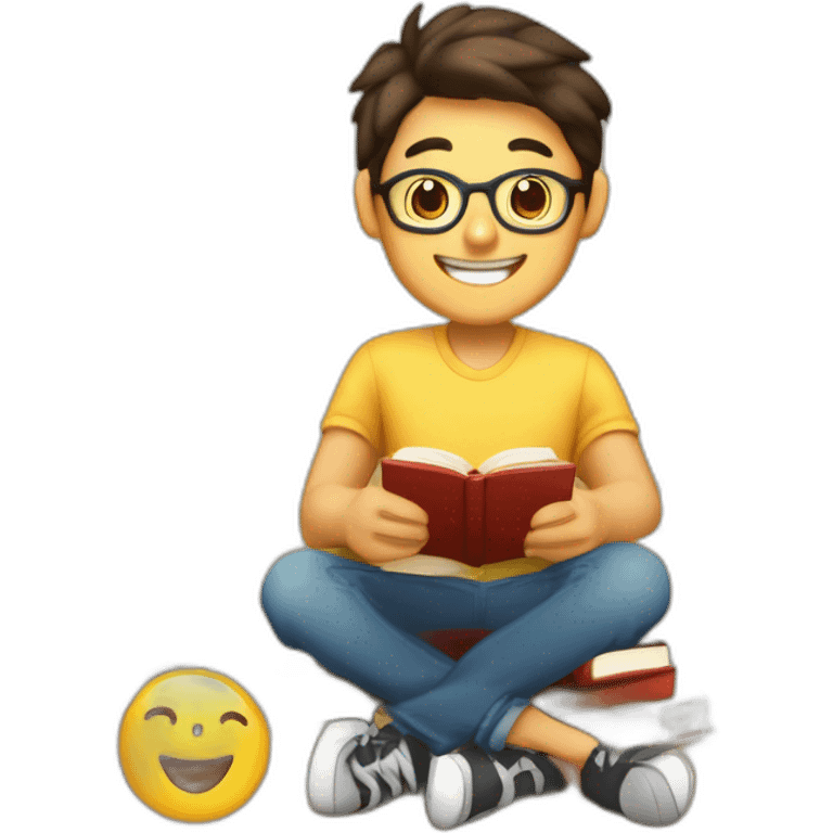 joven estudiante con muchos libros, sonriente y muy feliz con un libro en sus manos y en su cabeza, junto a muchos libros y una lampara emoji