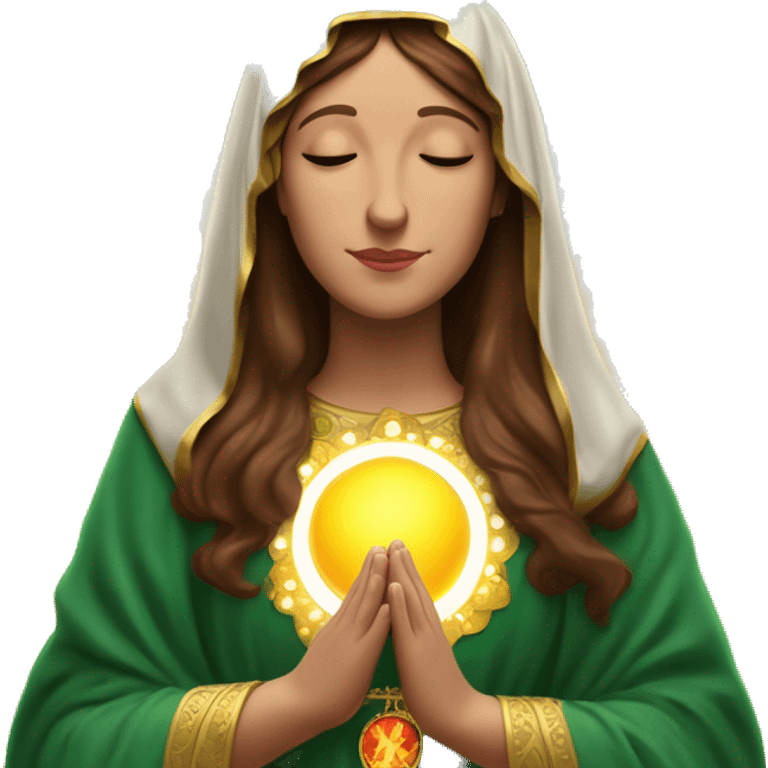 Virgin Mary: kind face looking down at the left, long brown hair, Wearing an emerald green  robe with gold stars and a burgundy red dress,  Hands in prayer or blessing. Halo around her head. standing in front of a big sun. colorful roses on the sides  emoji