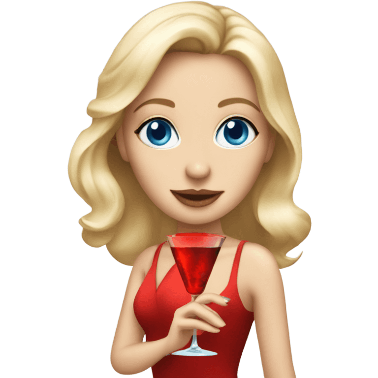 Beautiful blonde white woman with blue eyes and red dress dancing with martini emoji