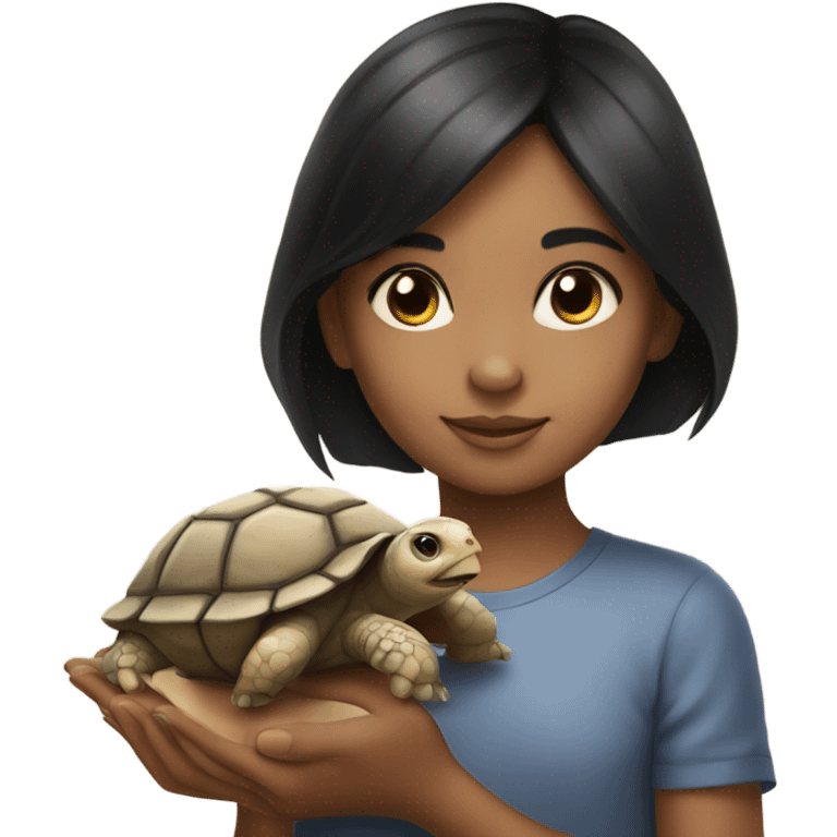 Little girl with black hair and light tan skin holding a tortoise emoji