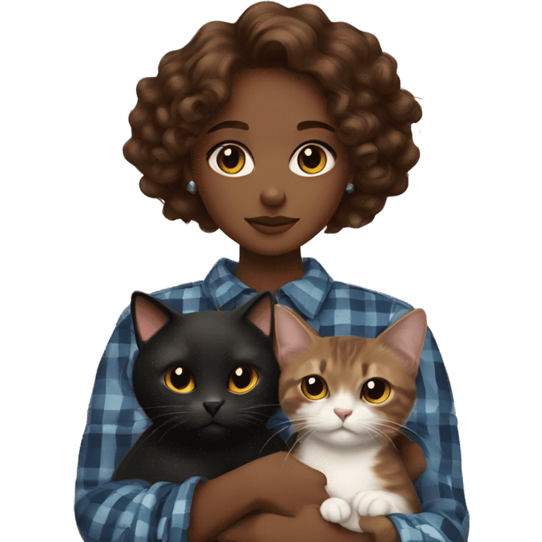 a brown skin girl with curly brown hair and cat eyes, holding a black cat that has a plaid collar emoji