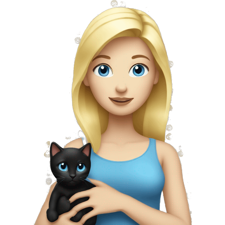 Blond woman with blue eyes and with black kitty in her hands emoji