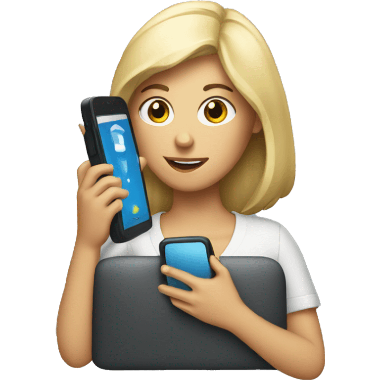 white woman holding big phone emoji