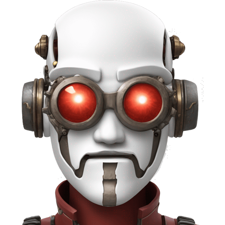 Red skin male cyborg head with white goatee and white steampunk goggles emoji