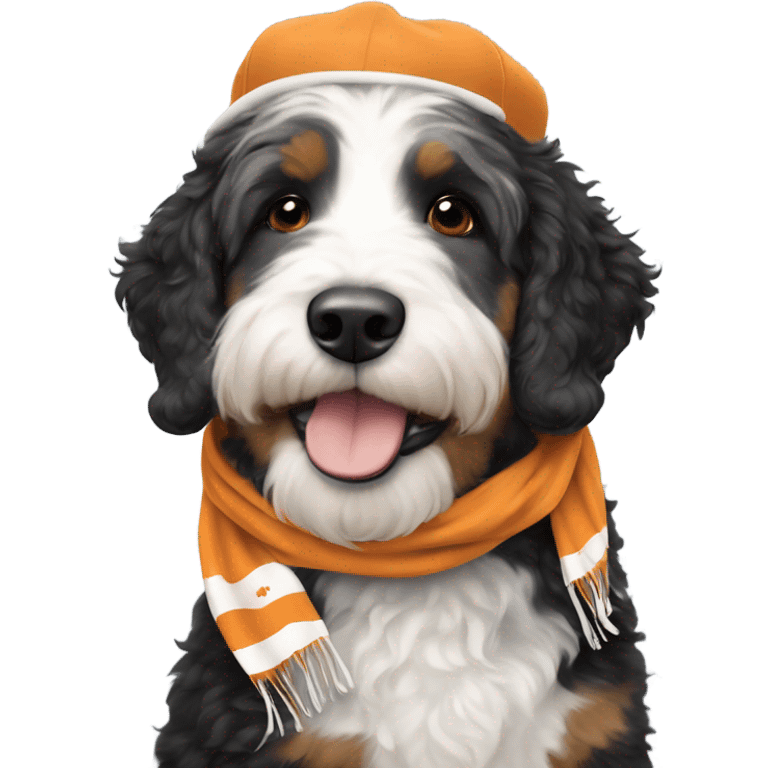 Bernedoodle with University of tennessee hat and scarf emoji