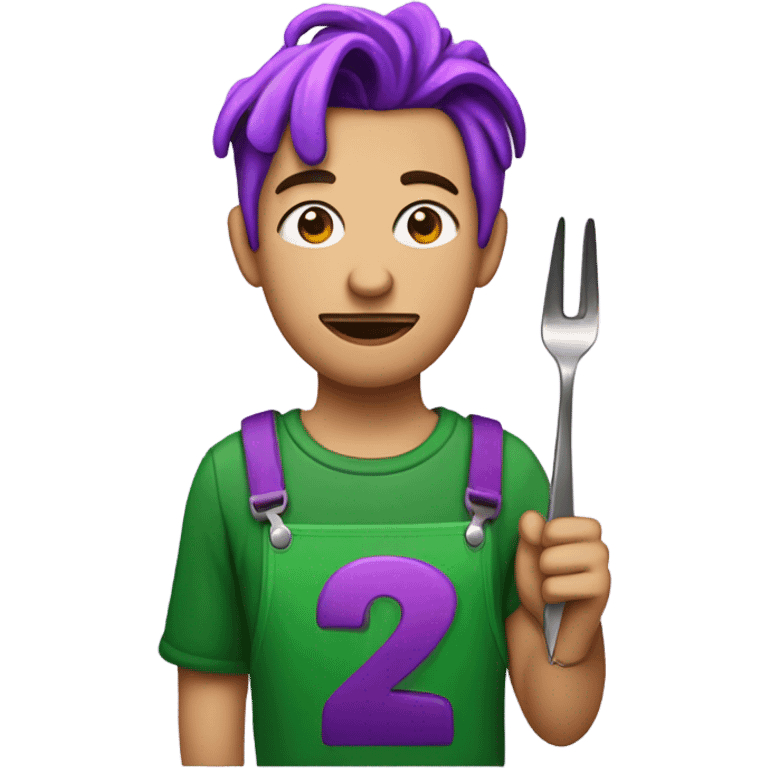 A peach skin man with purple hair and a green jumpsuit that has the number 230 on the jumpsuit and he is holding up a fork that has red paint dripping on it emoji