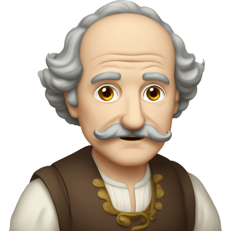 Short pudgy old man over enthusiastic face bald forehead long wavy gray and brown brunette long wavy hair moustache Shakespearean dress vintage clothes hamlet emoji