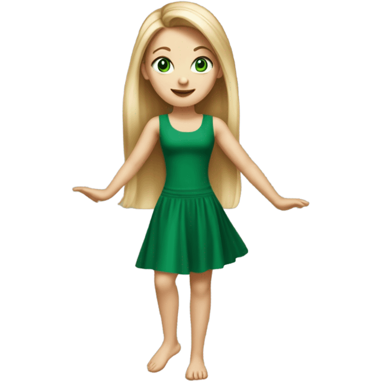 Realistic White girl with Long straight blonde hair, green eyes, tattoos, full body wearing green dress, dancing emoji