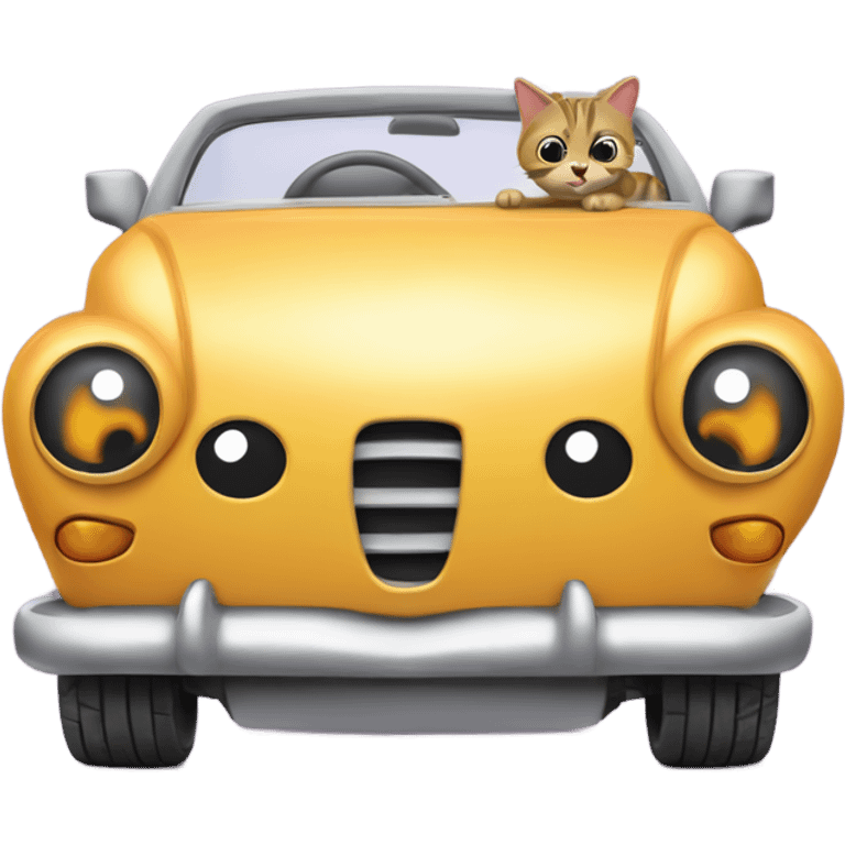 A cartoon emoji-style car with a curious cat peeking out from the open hood of the engine compartment. emoji