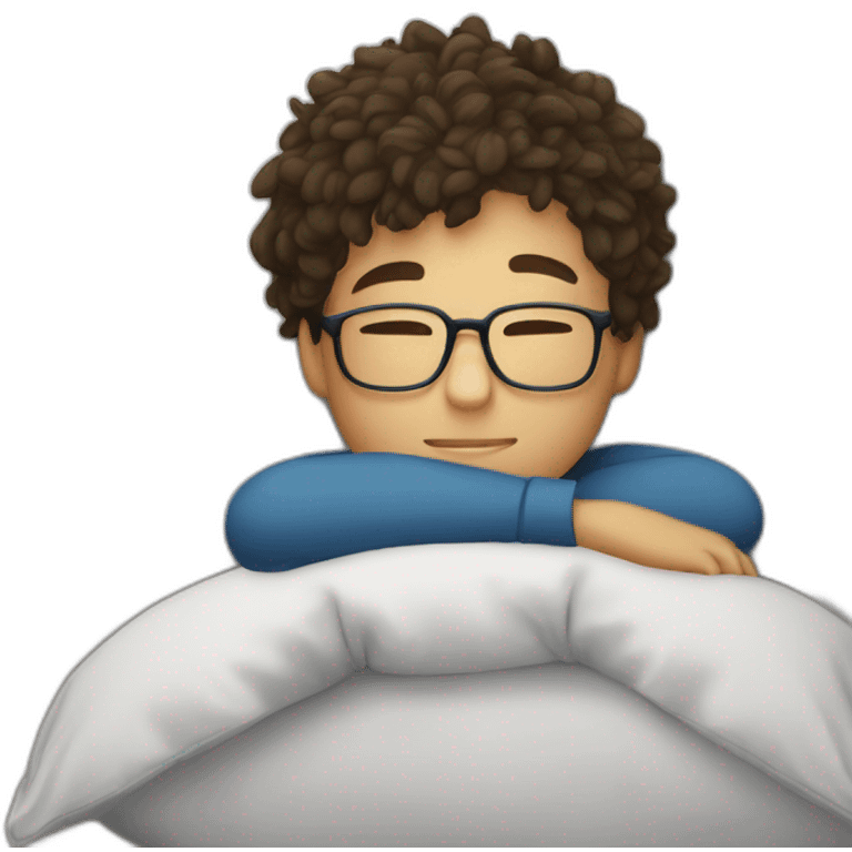 A boy with glasses hugging a pillow on the bed emoji