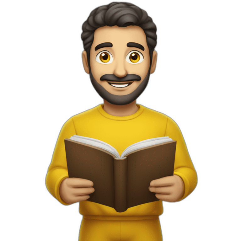 Armenian men with the yellow clothes reading book and looking at camera and smiling  emoji