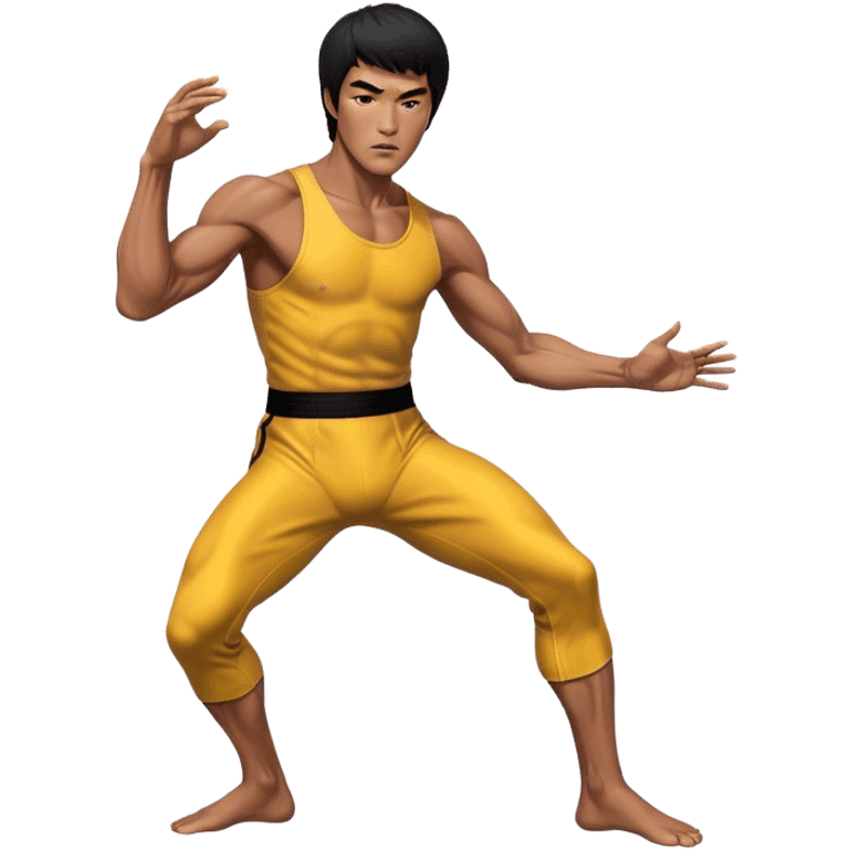 Cinematic Realistic portrait of Bruce Lee, shown as a legendary martial artist in a dynamic, powerful pose with modern athletic attire and finely detailed muscle definition, rendered in dramatic action lighting emoji