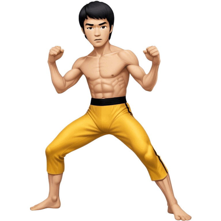 Cinematic Realistic portrait of Bruce Lee, shown as a legendary martial artist in a dynamic, powerful pose with modern athletic attire and finely detailed muscle definition, rendered in dramatic action lighting emoji