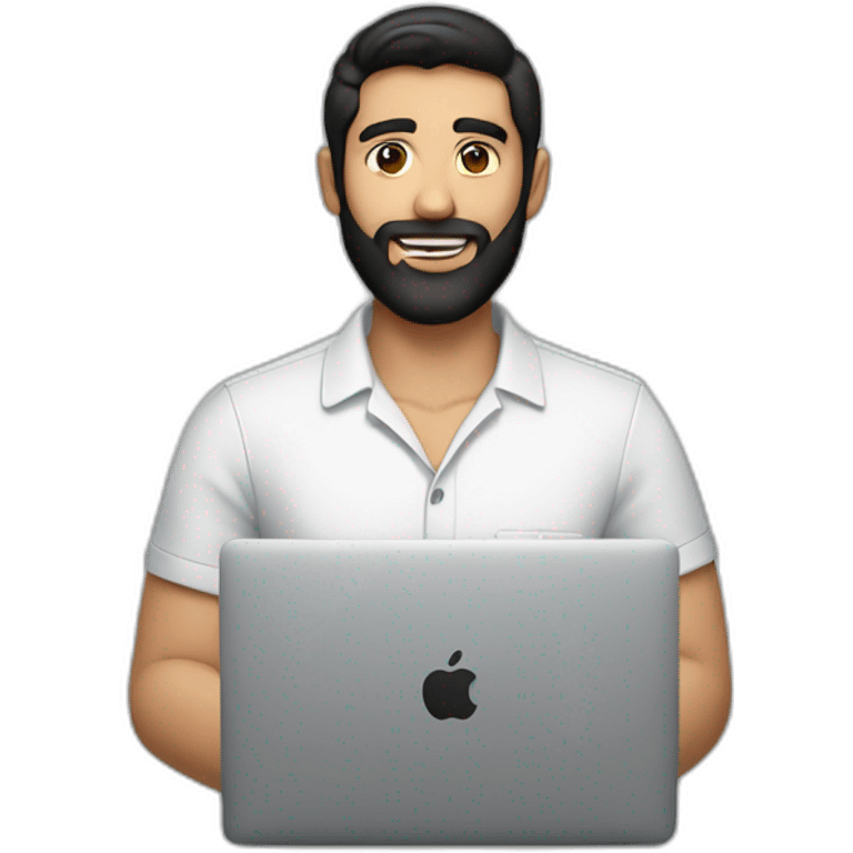 man with black hair, brown eyes, a fine beard, wearing a f1-shirt working with a macbook emoji