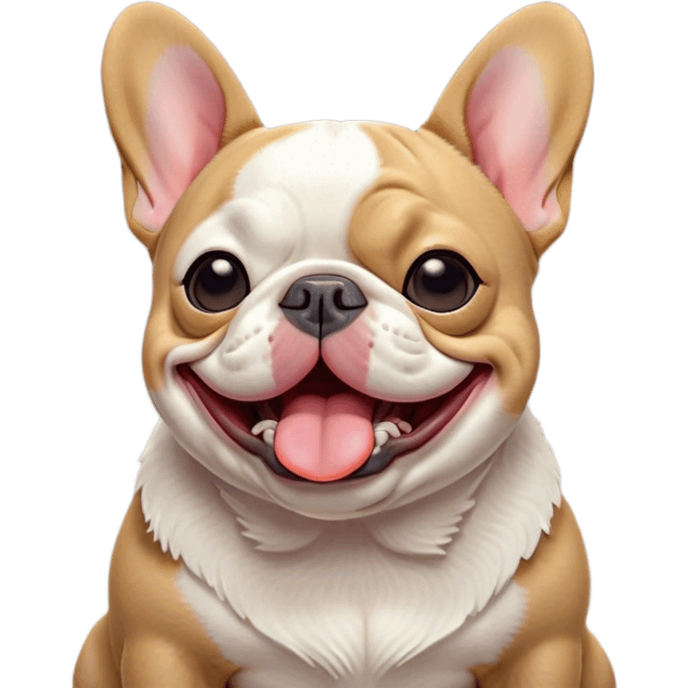 Cinematic Cute Yawning Pied French Bulldog Portrait Emoji, Head tilted with an exaggerated, endearing yawn and sleepy, squinty eyes, showcasing a unique pied fur of contrasting colors with a playful expression, simplified yet irresistibly adorable, highly detailed, glowing with a soft, cozy radiance, high shine, exuding a relaxed, humorous charm, styled with a gentle, soft glowing outline, capturing the essence of a Pied French Bulldog in a blissfully cute yawn that warms the heart! emoji