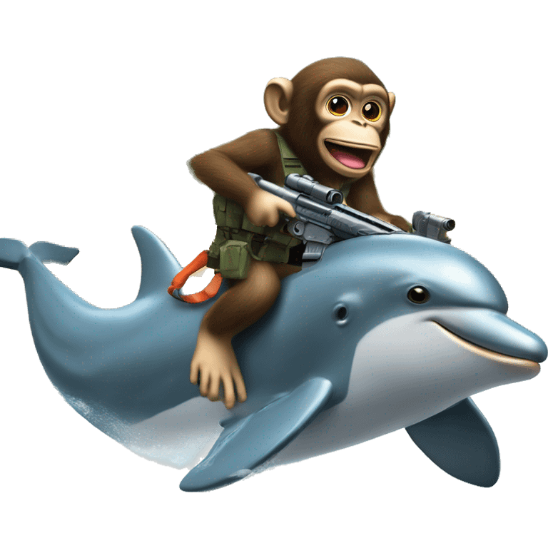 Monkey riding a dolphin while shooting machine guns  dolphins has rocket launchers on his belt    emoji