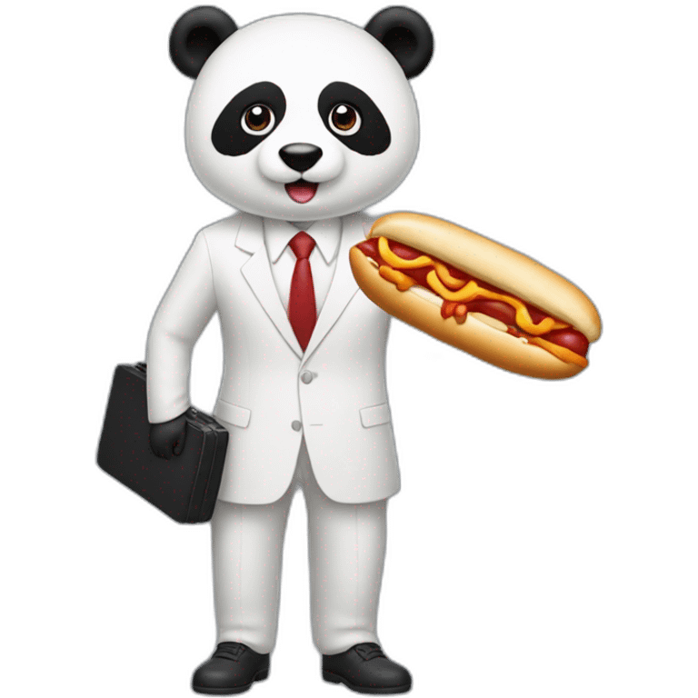 A professor with white suit and red tie and a panda face eating a hotdog and holding a black suitcase emoji